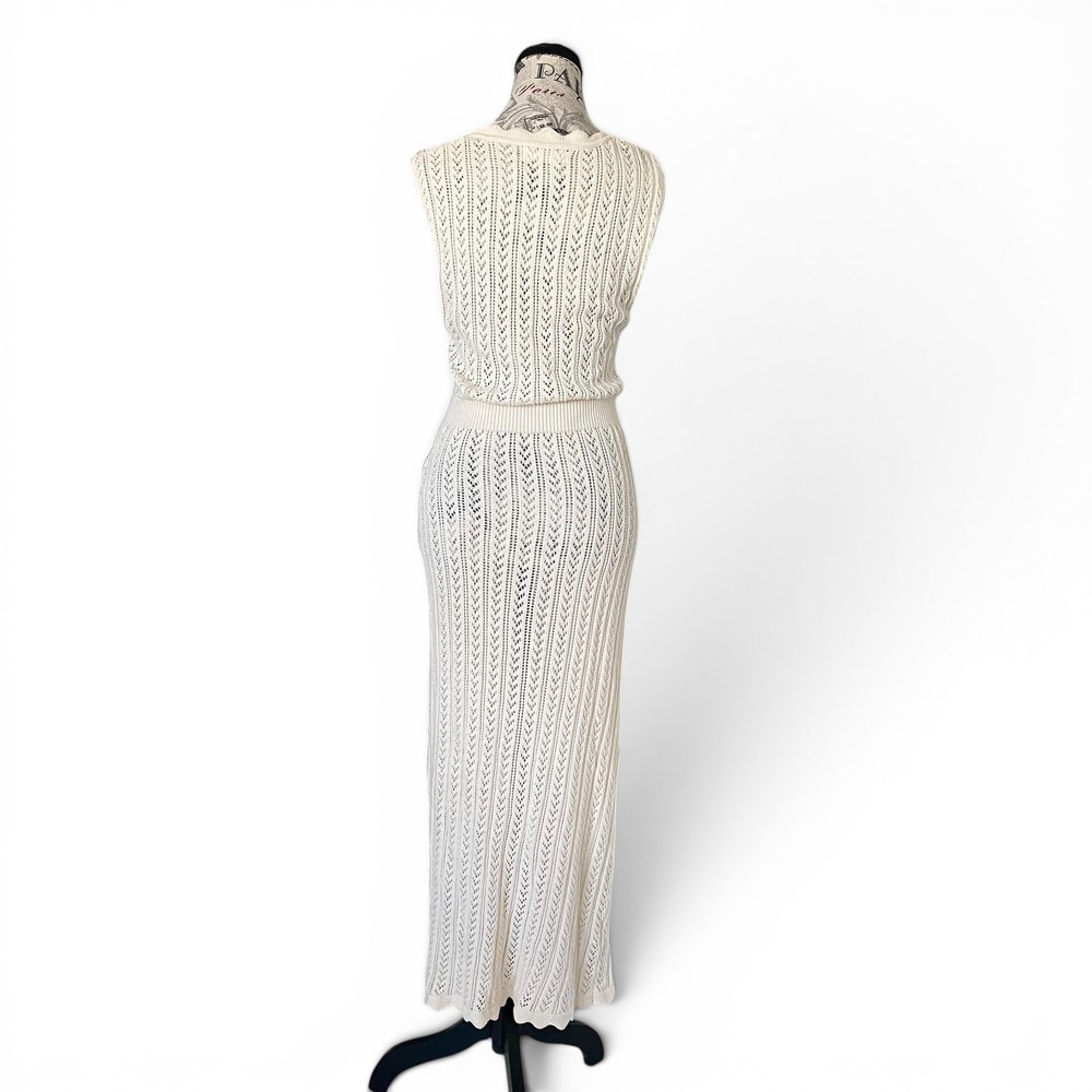 Mango MNG Knit Maxi Dress Womens M Cream Pointelle Button Front Sleeveless Boho - Picture 6 of 15